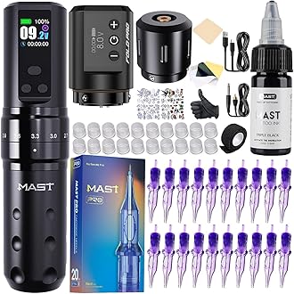 Mast Fold2 Pro Tattoo Kit, Cordless Complete Tattoo Gun Machine Kit, 2 Batteries 2000mAh Power Supply for Long Time, Needles Cartridges Black Tattoo Ink Kit (Black)