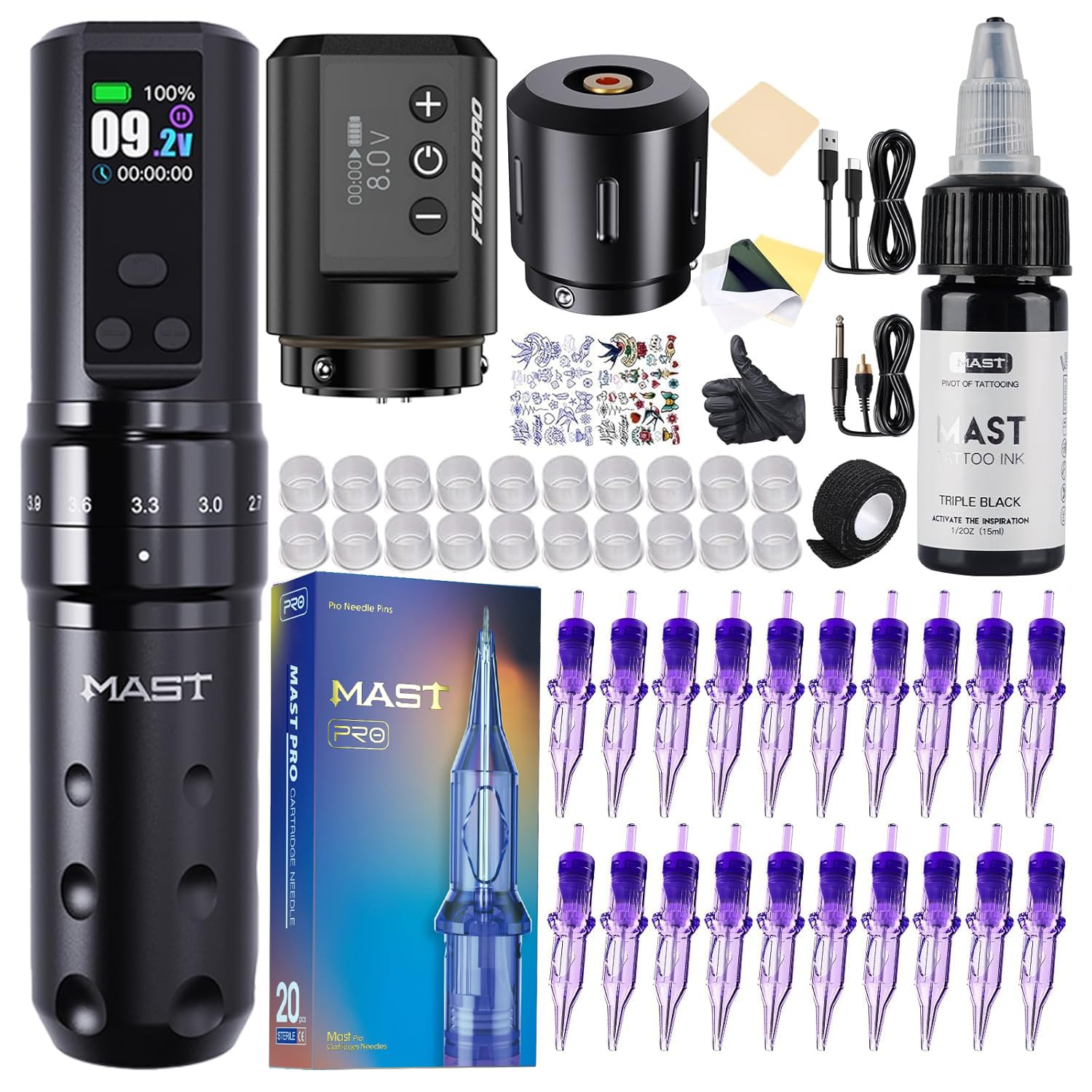 Mast Fold2 Pro Tattoo Kit, Cordless Complete Tattoo Gun Machine Kit, 2 Batteries 2000mAh Power Supply for Long Time, Needles Cartridges Black Tattoo Ink Kit (Black)