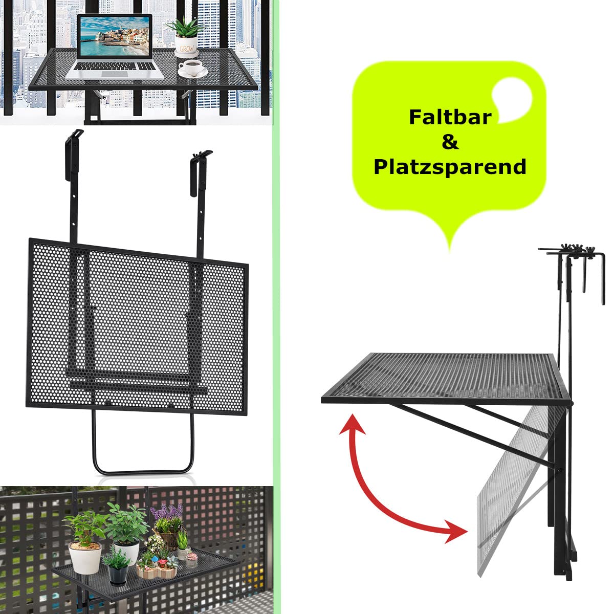 RELAX4LIFE Balkonhängetisch 5-stufig höhenverstellbar, Hängetisch Eisen, Beistelltisch klappbar, Balkontisch bis 20kg belastbar, Klapptisch mit Halterung zum Einhängen, Balkon Garten Terrasse, Schwarz