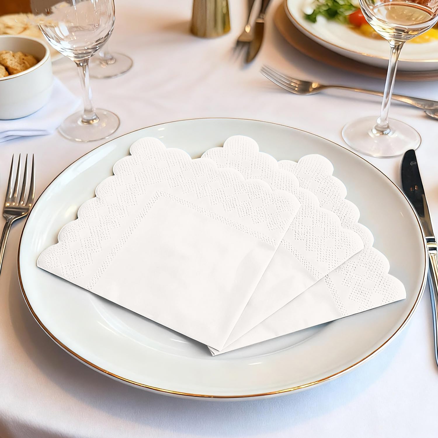 Photo 1 of 100 Pcs White Cocktail Napkins, 2-Ply Disposable Small Paper Napkins for Beverage, Dessert, Appetizer, 5x5 Inch Scalloped-Edge Cocktail Napkins for Bar, Party, Wedding, Birthday, Dinner & Everyday Use