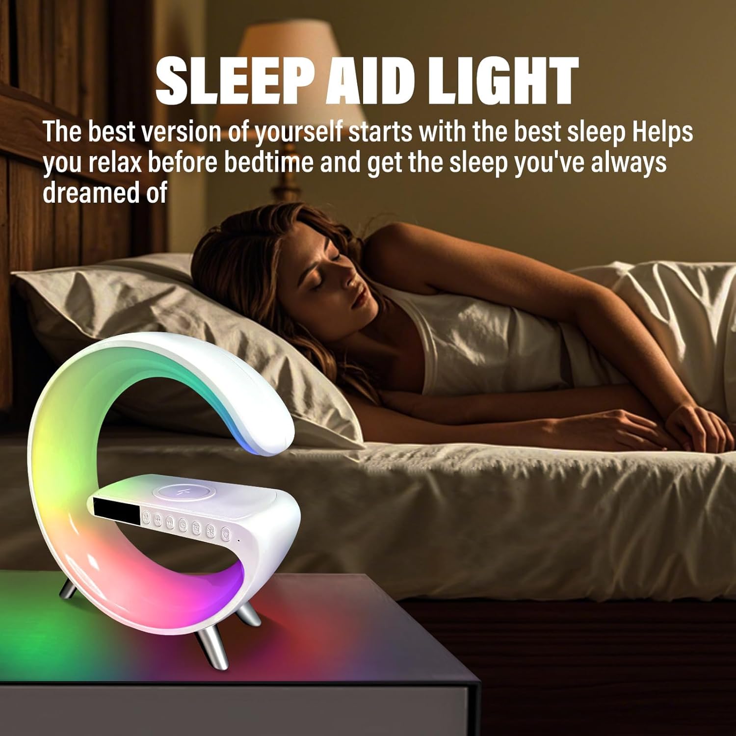 Smart LED Table Lamp,4 in 1 Night Light,Wireless Charger,Alarm Clock and Bluetooth Speaker with App Control Color Changing Lamp for Bedroom, Office, and Home Decor (White)