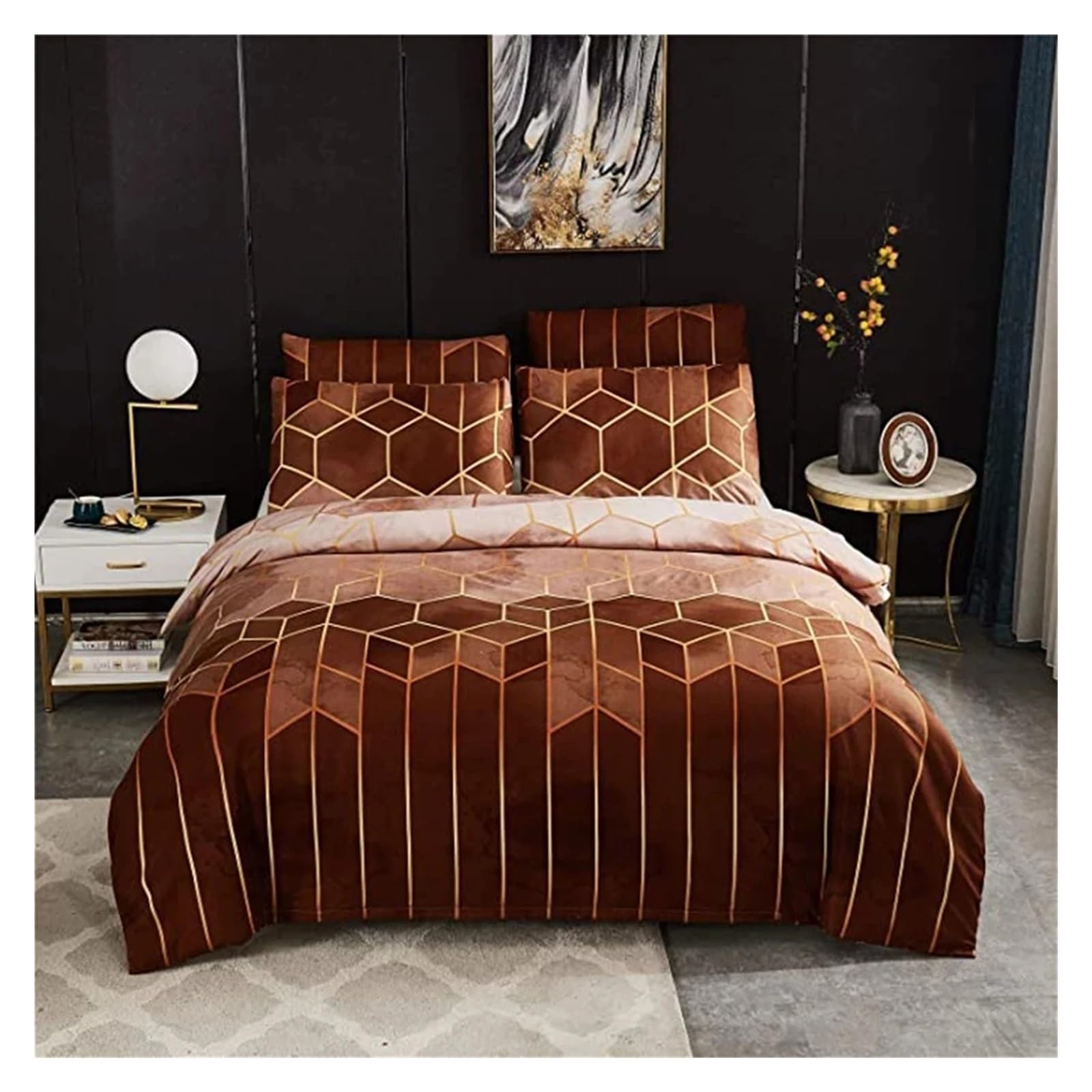 Parure de lit luxe lignes dorées géométriques chic