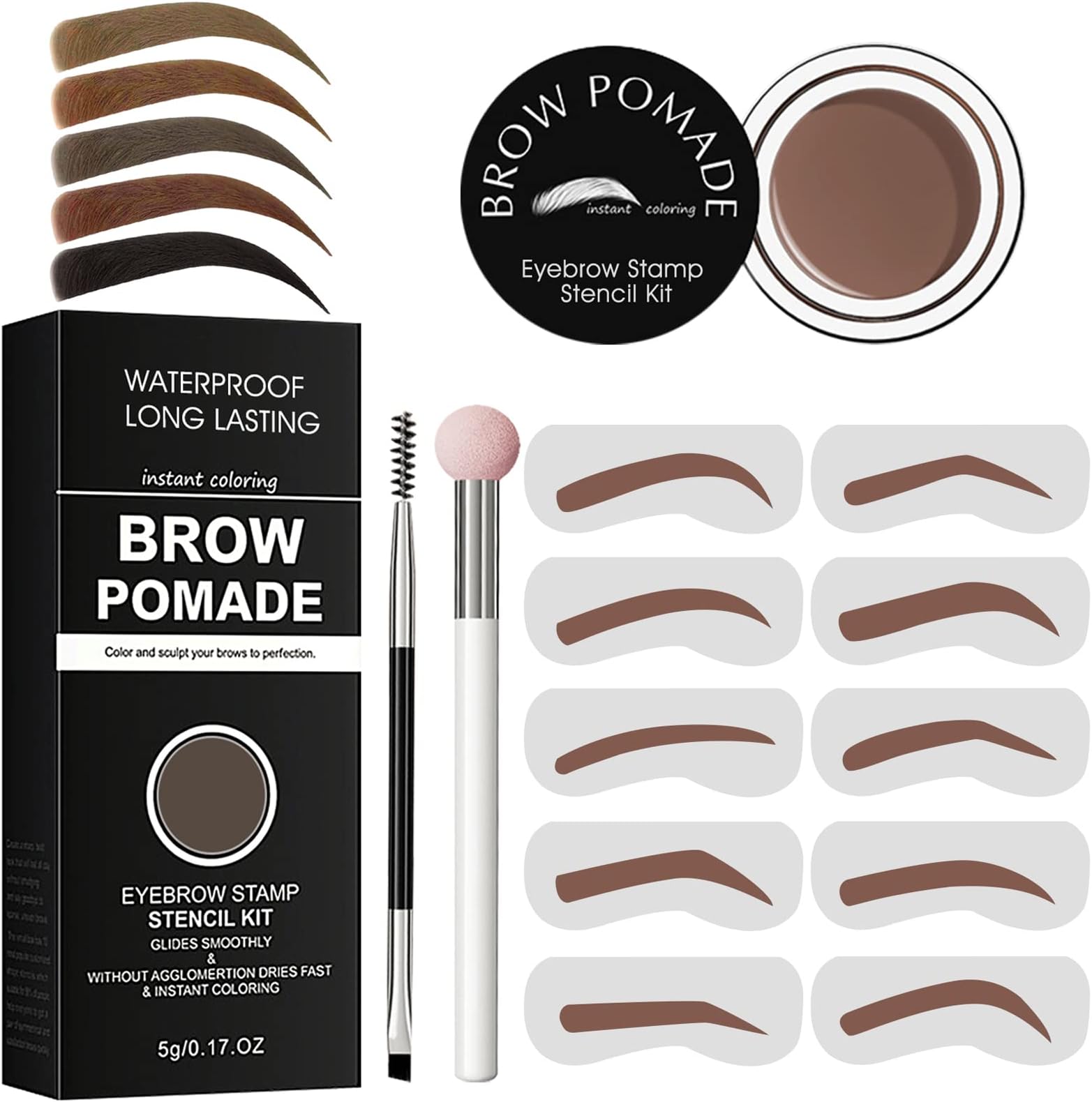Eyebrow Stamp Stencil Kit - for Waterproof Eyebrows Makeup, Brow Stamp Trio Kit with Sponge Applicator, Dual-ended Brow Brush, 10 Eyebrow Stencils, Waterproof Eyebrow Pomade (Chocolate)