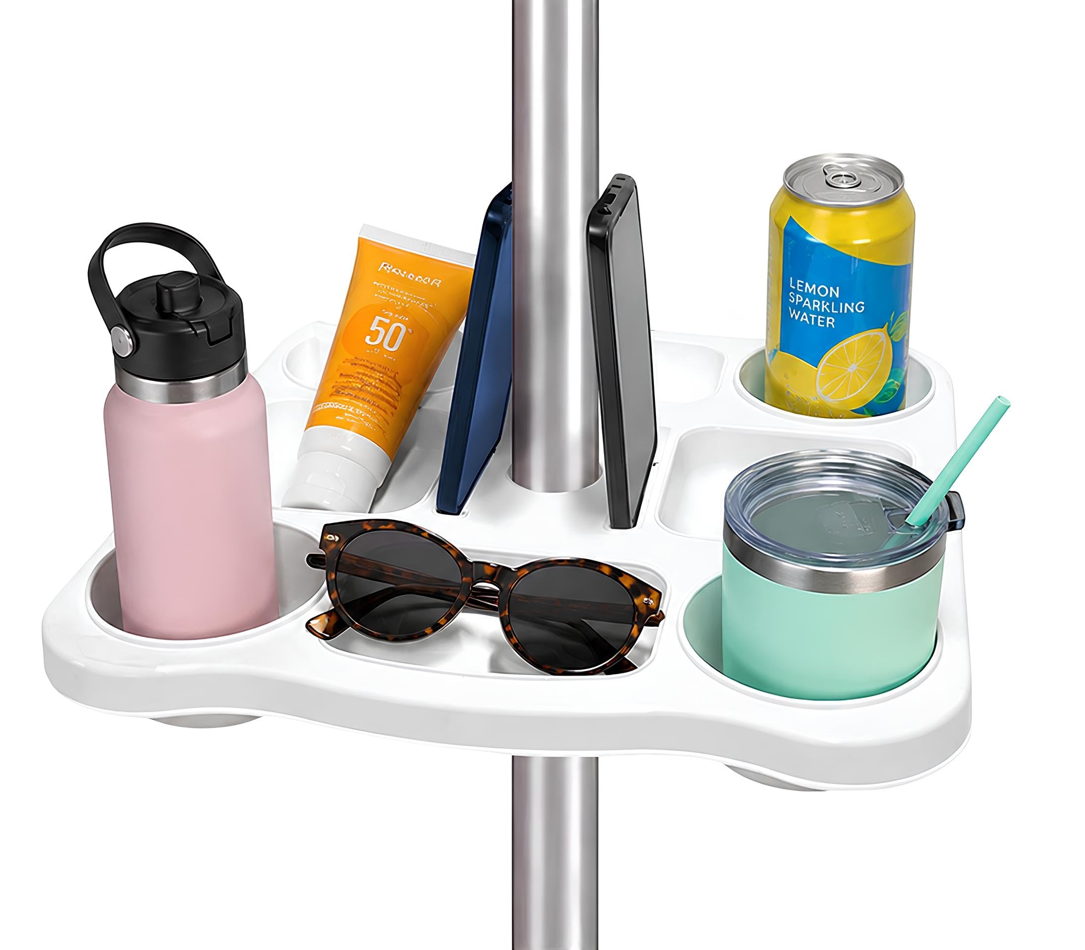 Tavolino Per Ombrellone Da Spiaggia Qualità Top 8 Scomparti E 2 Slot Per Smartphone 35x35 cm Portaoggetti Porta Bicchieri Bottiglie Con Morsetto Regolabile Ø22-40 mm Per Spiaggia Giardino Piscina