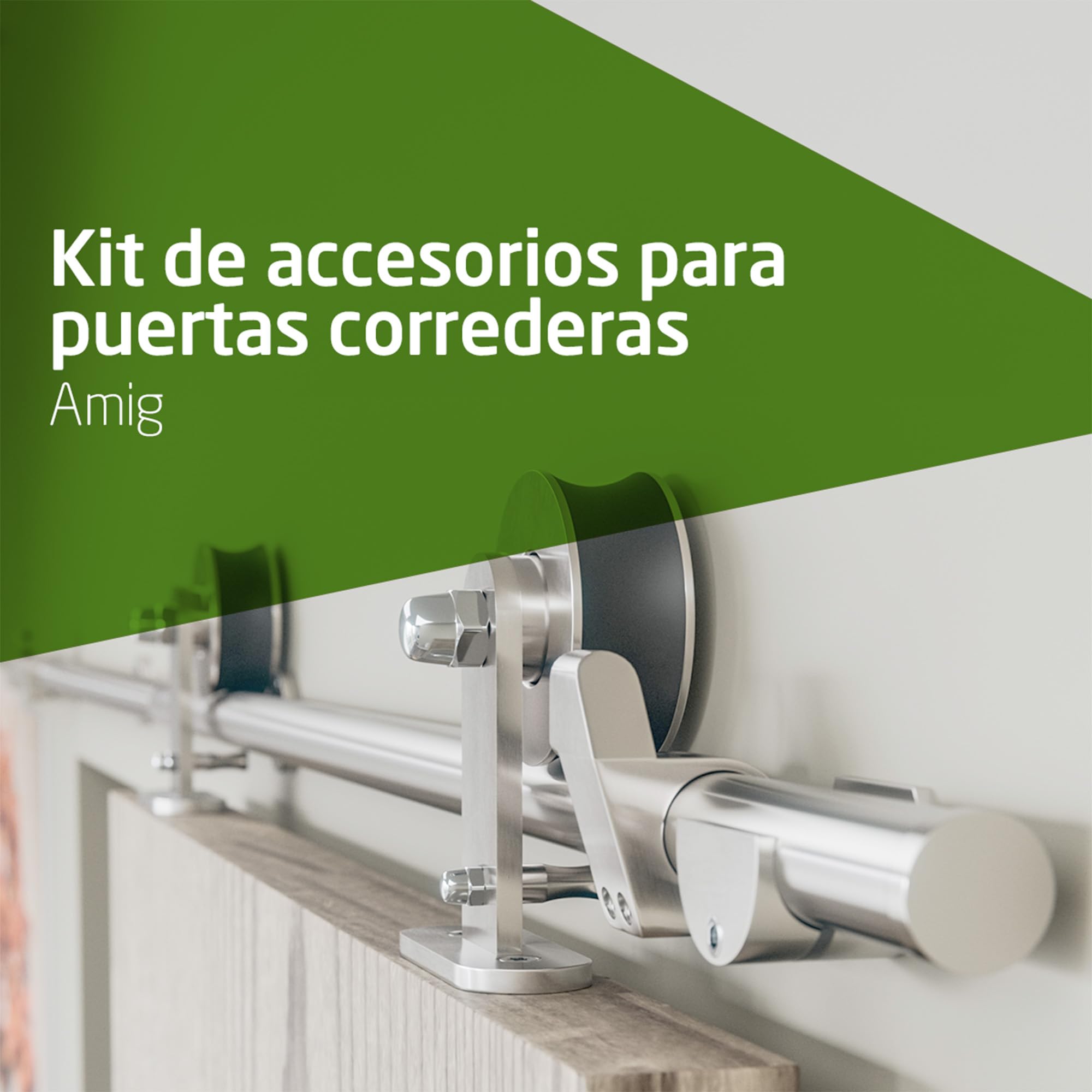 Amig - Kit puerta corredera madera - Guía 186 cm acero inoxidable 18-8 mate - 80 kg máximo - Mod. SD002