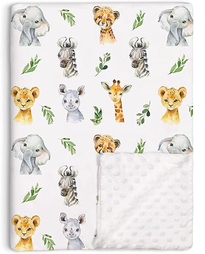 Mantas de bebé de animales de la selva safari para niños y niñas, mantas suaves para guardería con respaldo punteado de doble capa, cochecito de