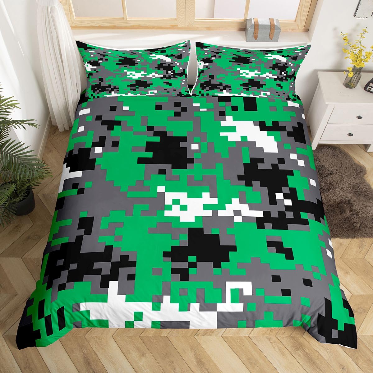 Homewish Camo Cot Duvet Cover 120 x 150 Boys Digital Camouflage Design Bedding - Green White Black Grey Quilt Cover for Kids Teens Men - Abstract Pixel Grid Style Bed Set Pixelated Camo Pattern
