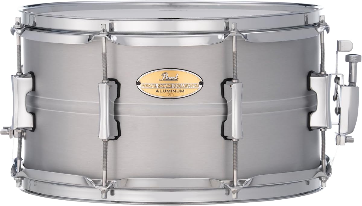 Pearl Primal Snare Collective 13"x7" Aluminum Snare Drum with Beaded 1mm Shell, Brushed Finish, 2.3mm Triple-Flanged Hoops, Dual Tension lugs, and deluxe strainer.