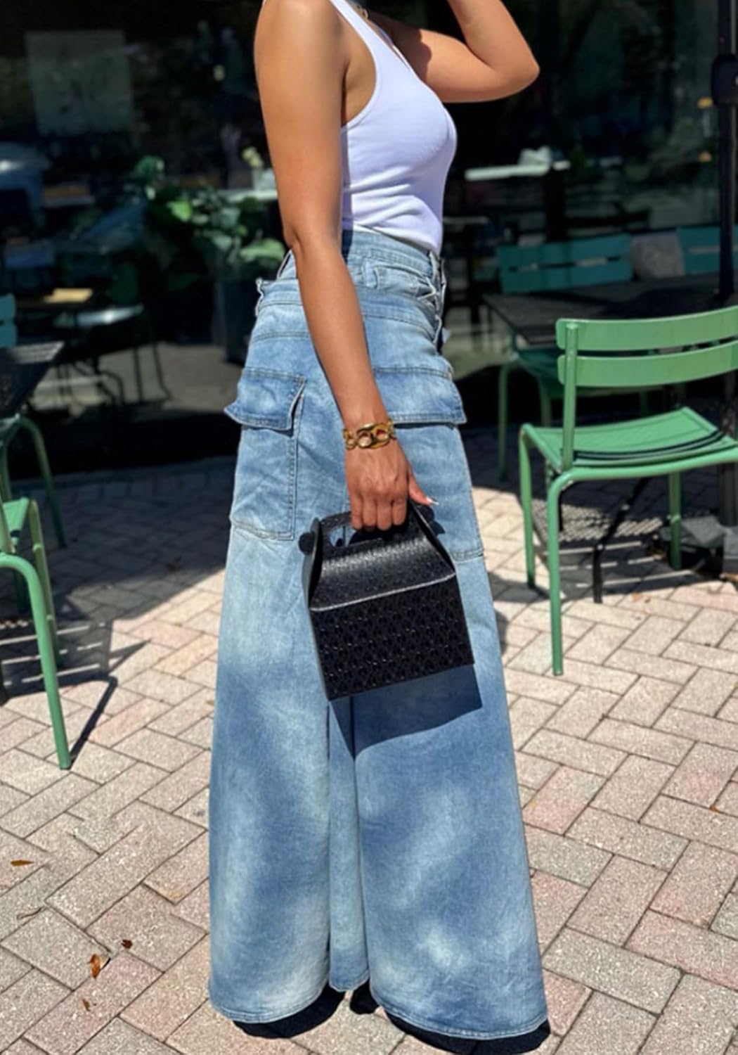 Women's Wide Leg Jeans High Waisted Asymmetrical Split Stacked Jeans Y2k Streetwear Wrap Denim Pants