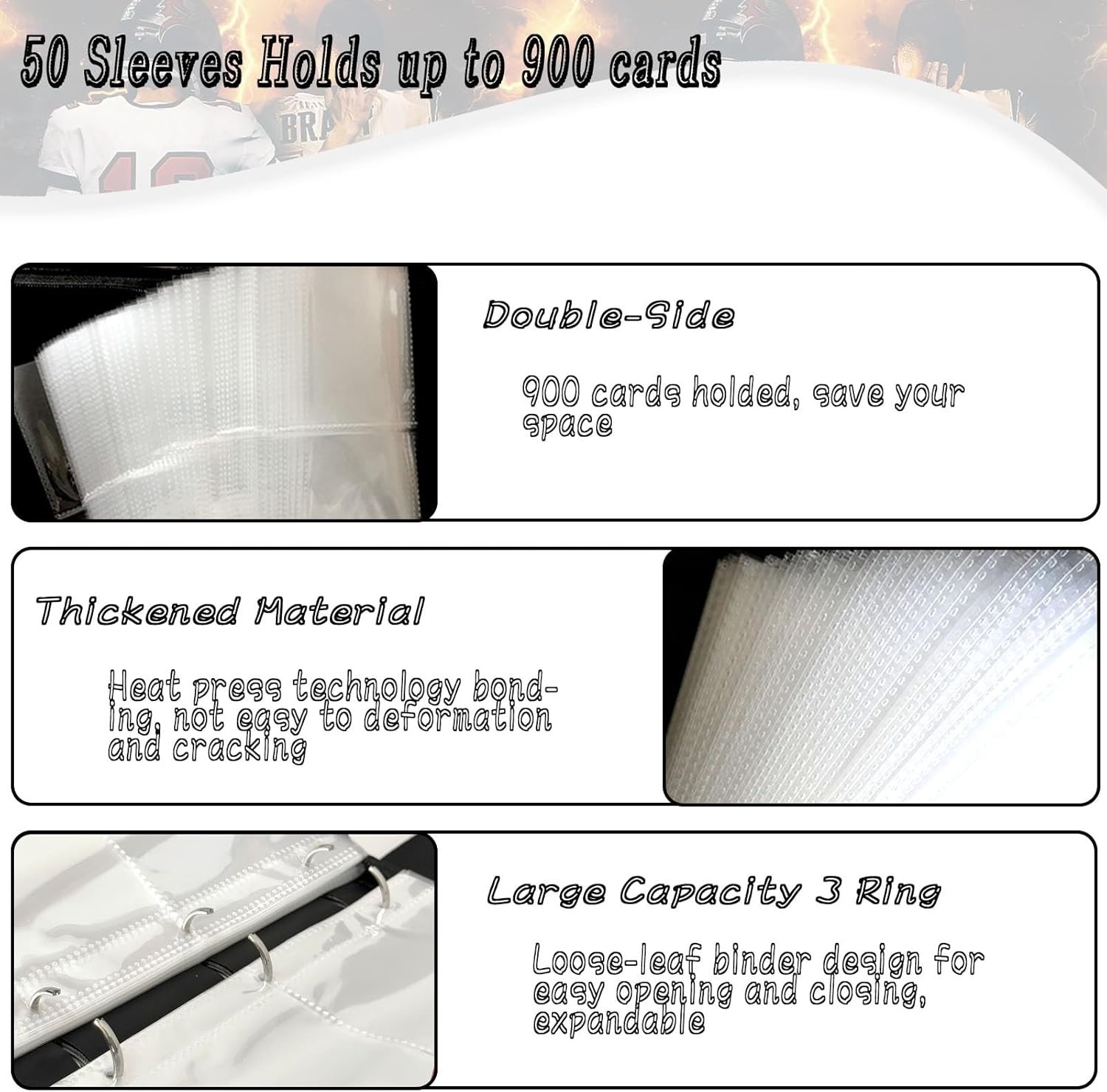 Football Card Binder - 900 Capacity 9-Pocket Trading Card Album, 3 Ring Card Holder Binder, Waterproof PU Leather, Zip Closure, Perfect Christmas Birthday Gift for Kids & Collectors
