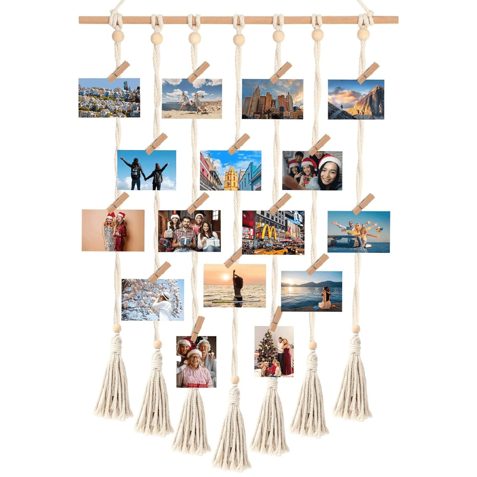 Wowlela Macrame Photo Display with 30 Clips - Boho Wall Decor Tapestry Picture Organizer for Home, Office