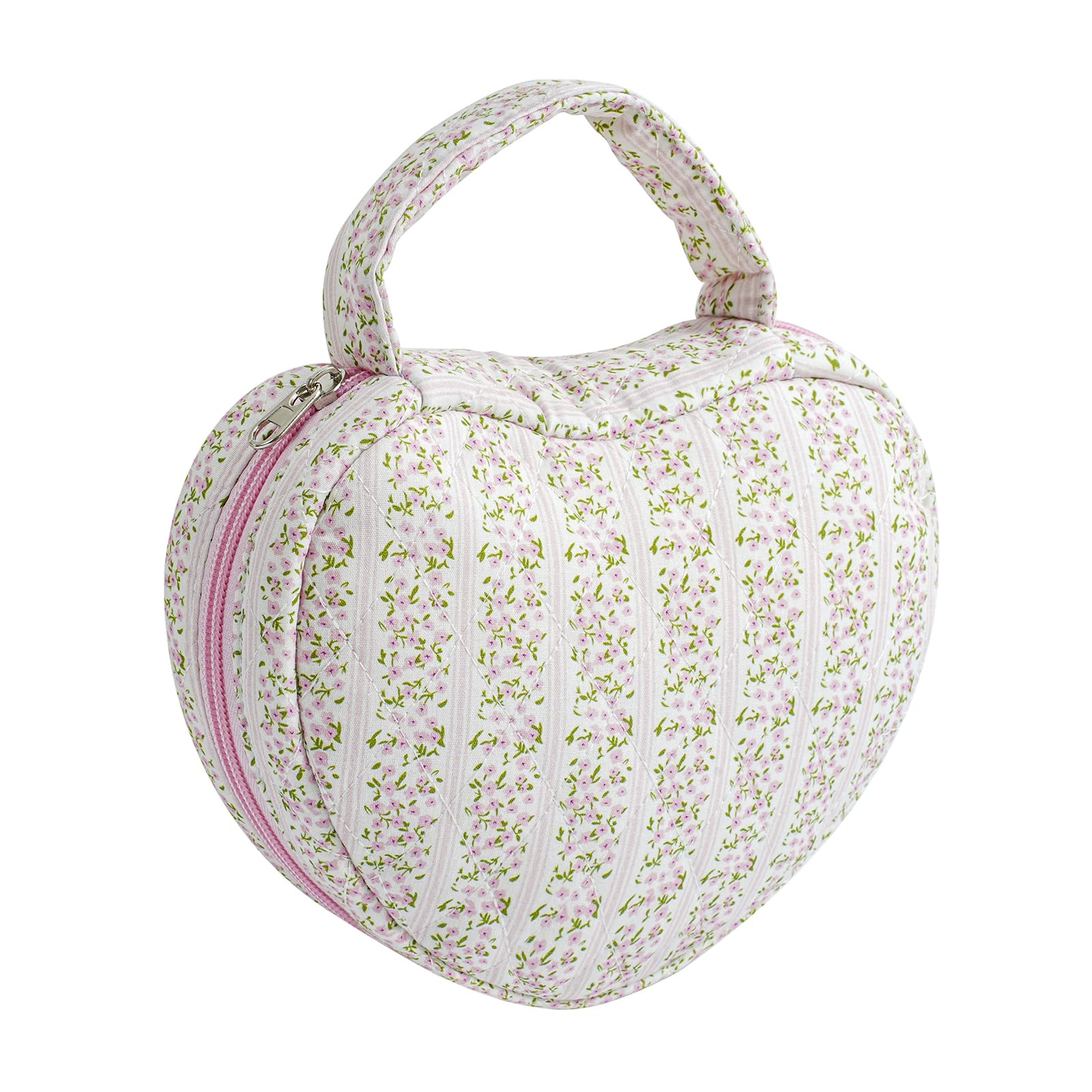 WHJM Cute Heart-shaped Handy Makeup Bag, Small Floral Makeup Pouch, Ideal for Daily Beauty Essentials for Women (Pink Floral)
