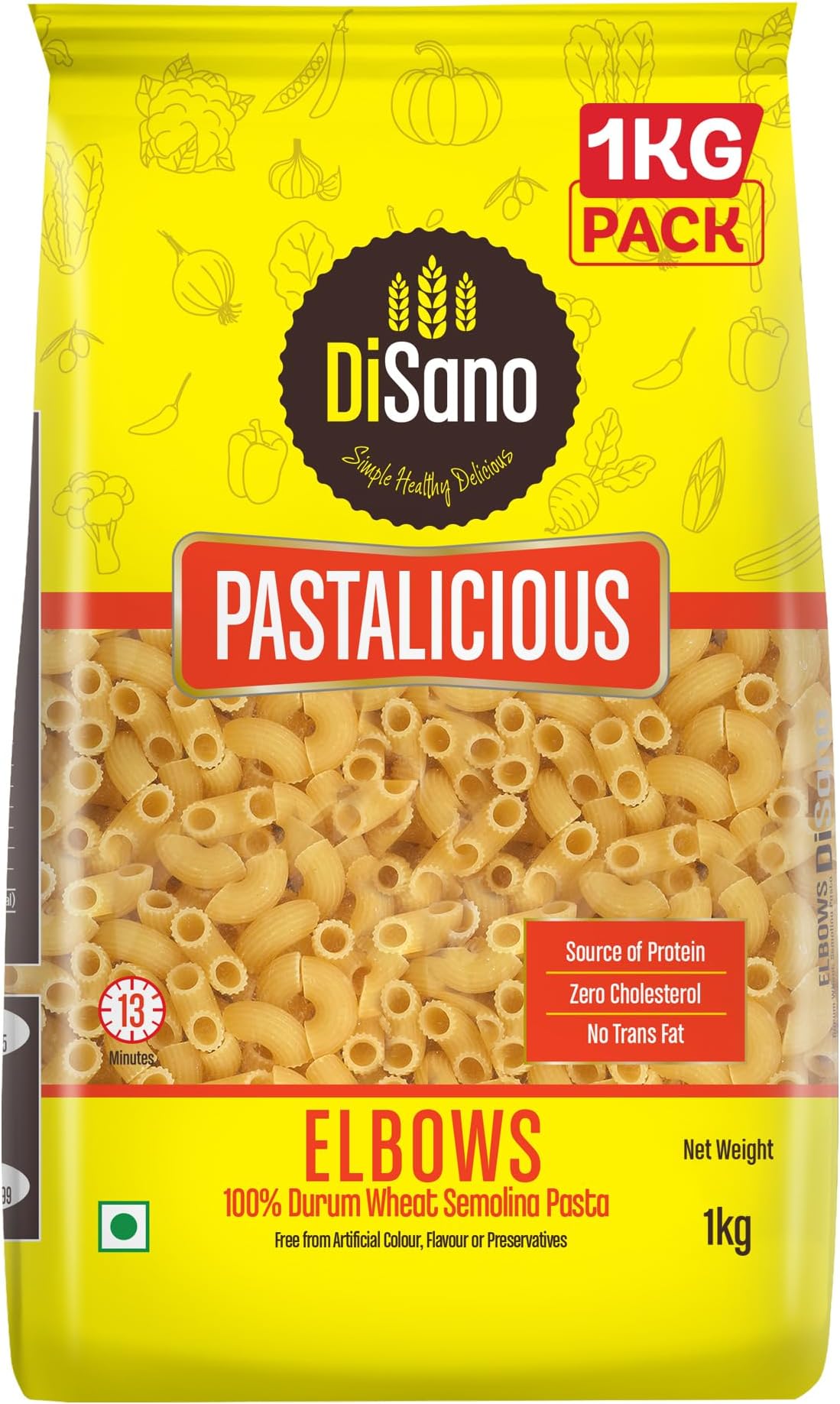 DiSano Elbow Pasta 1kg, Healthy Pasta, Made with 100% Durum Wheat Semolina, 100% Suji, No Maida, Source of Protein & Fibre, Non-Sticky