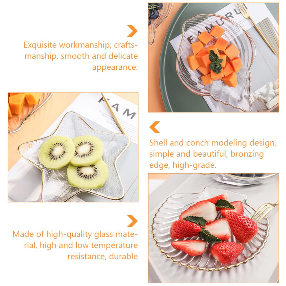 Genérico Bandejas Transparentes Doradas para Joyas y Frutas, Juego de 4 Piezas Diseño Marino, Bandeja Multiusos de Vidrio para Exhibición y Almacenamiento en Hogar, Hotel y Restaurante