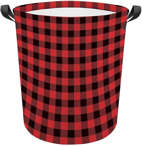 Cesta de lavandería grande a cuadros de búfalo plegable con asas, bolsa de almacenamiento de ropa impermeable para baño, dormitorio, color rojo y