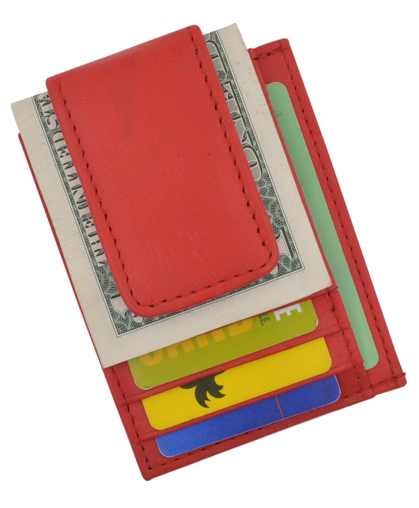 Genuine Leather Money Clip front pocket wallet with magnet clip and card ID Case (Red)