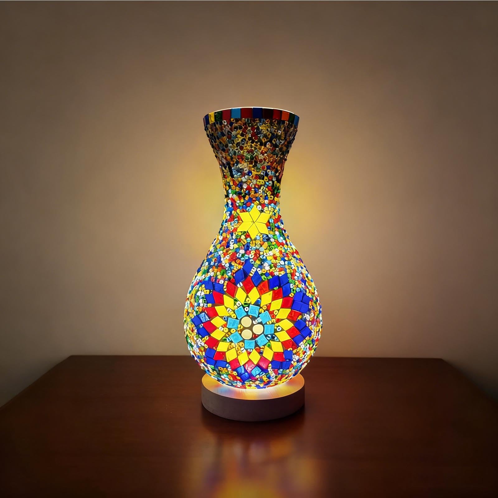 Handcrafted Turkish Table Lamp Stained Glass Vase Wood Base for Bedside Reading Coffee Table Centerpiece and Romantic Dinner Lighting Plug-in with Button - USB Plug（5.11in*11in）