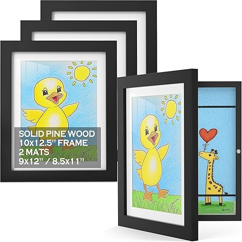 4 Pack Kids Artwork Frames Changeable, Front Opening 8.5x11/ 9x12 Picture Frame With Mat & 10x12.5 Without Mat, Kids Art Frames, Solid Wood Frames for Diamond Art Storage, Painting, Drawing, Holds 150