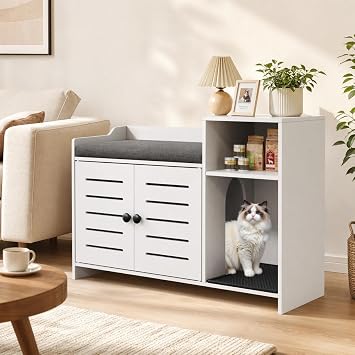Cat Litter Box Enclosure Furniture, Large Hidden Litter Box Cabinet with Double Door, End Table Cat House with Storage Shelf, Modern Pet Furniture for Living Room, White