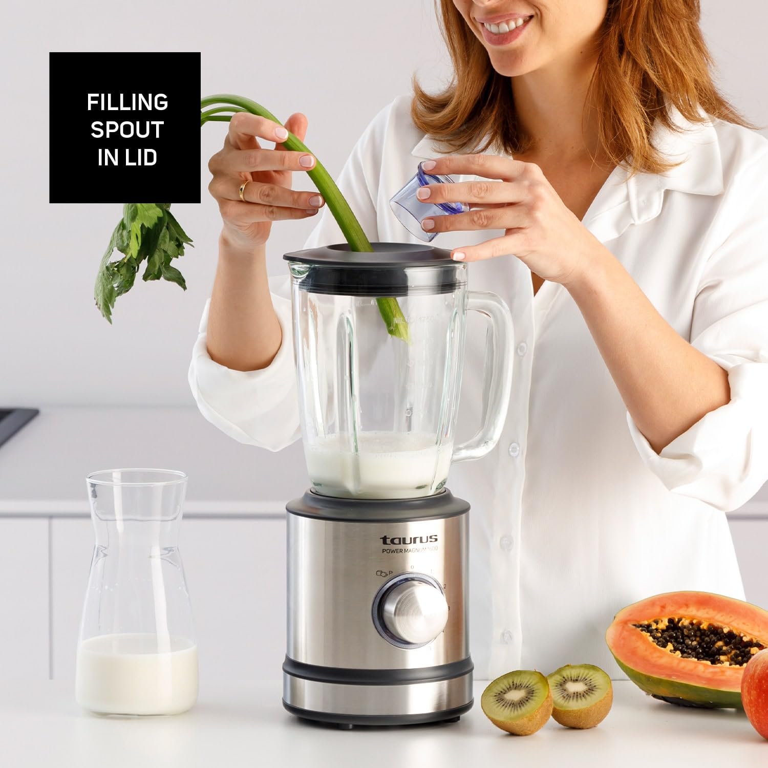 Taurus 1600 - Batidora de vaso, 1600 W, jarra cristal, 1.75 L, cuchillas de 6 filos, 5 velocidades + pulse, pica hielo, acero inoxidable, selector iluminado, inox