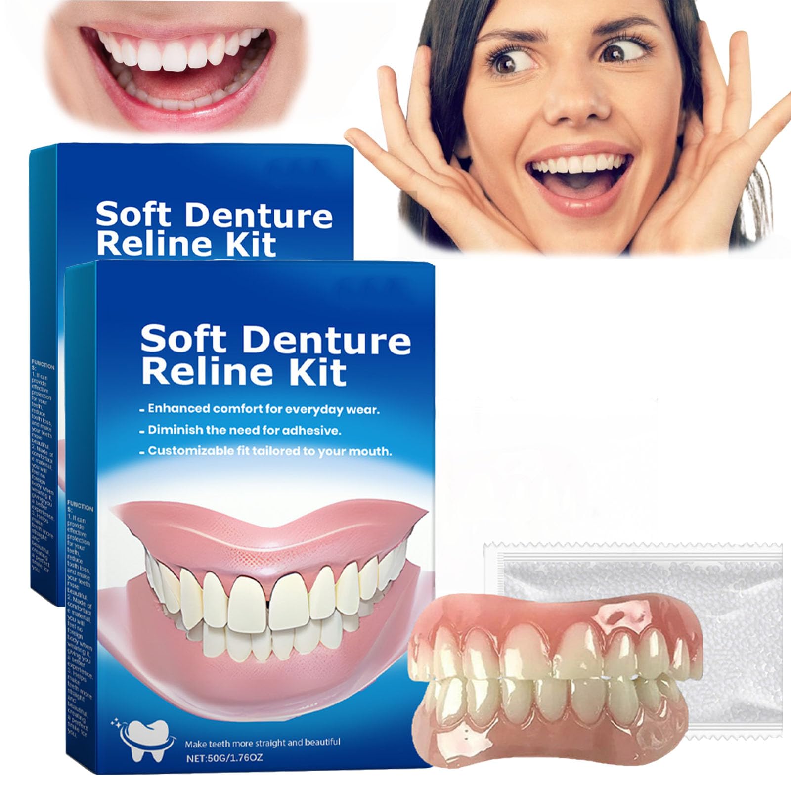 Fit Denture Silicone Reline Kit, Soft Denture Silicone Reline Kit, for Men and Women (2pcs)