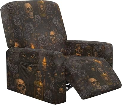 Halloween Skull Cat Black Rose Recliner Sofa Cover Furniture Protectors for Sofa Armchair Slipcovers Single Reclining Chair Lounger Seat Cushion Covers with Pocket 4 Pieces