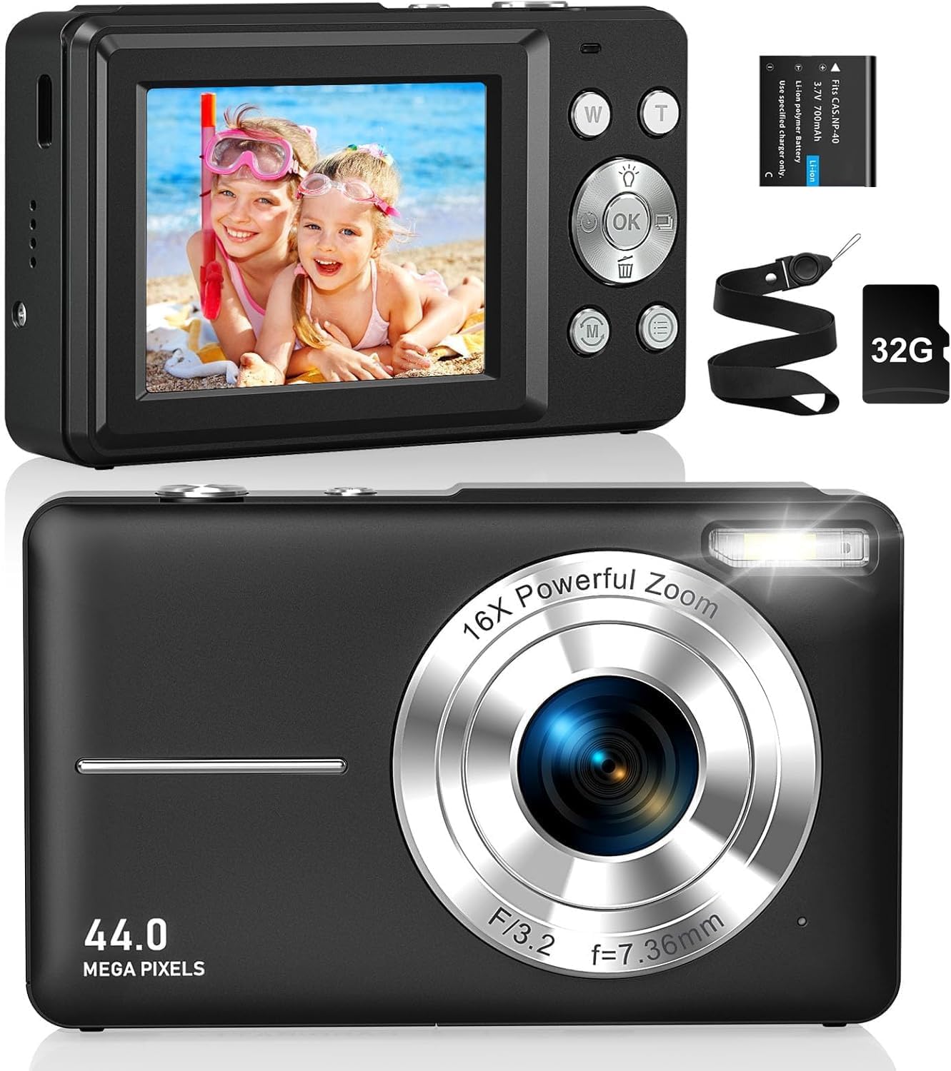 Digital Photo Camera FHD 1080P 44MP 32G Compact Card 16X Digital Zoom Small Digital Camera Easy to Use Selfie with 2 Batteries for Kids Beginners Young Girls