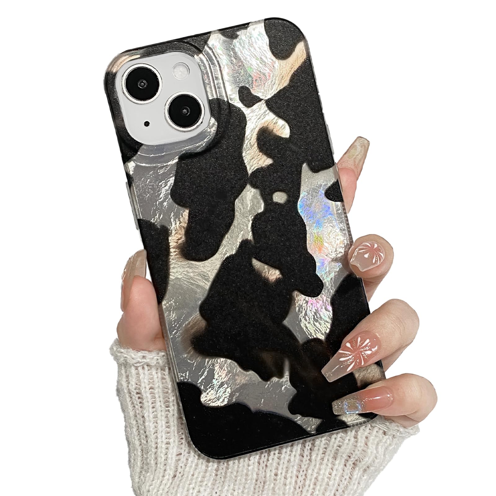 Lovmooful Compatible for iPhone 13/14 Case Cute Cow Print with Gradient Tortoise Design with Bumper Protector for Girls Women Soft TPU+PC Shockproof