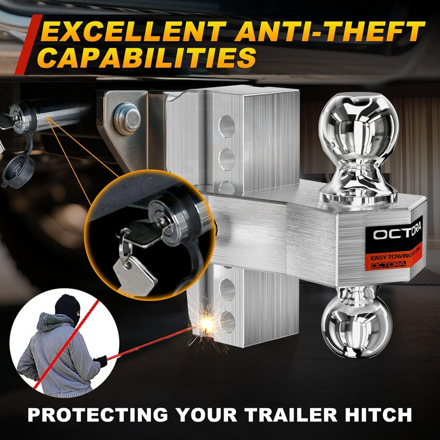 Adjustable Trailer Hitch Fits 2-inch Receiver, Heavy Duty Aluminum Tow Hitches,6-inch Drop/Rise, Solid Tube Hitch,for Truck(12,500 LBS GTW), Double Anti-Theft Locking Hitch Pins (Silver)