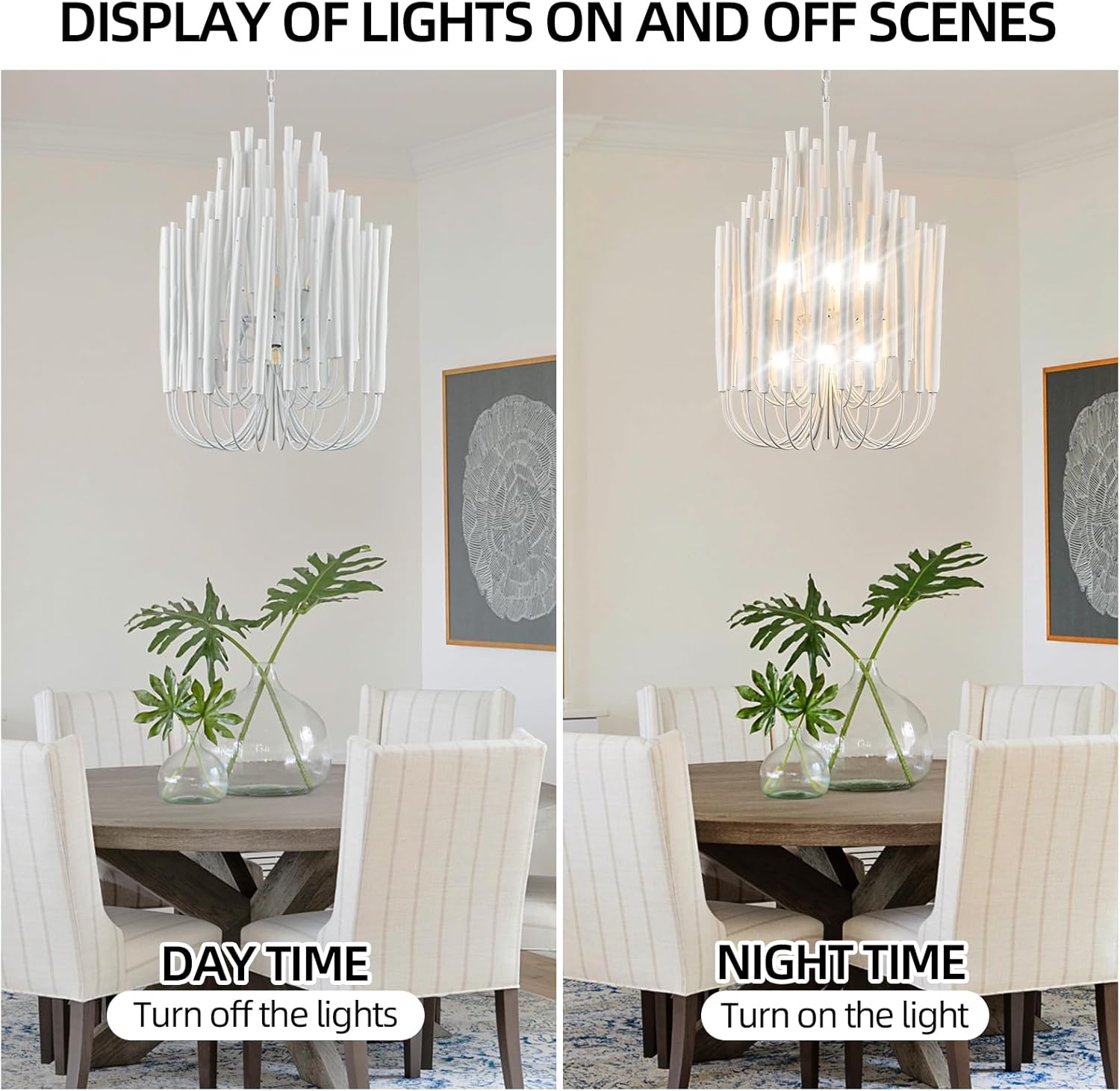 HEYAN Nordic Chandelier Whitewash Wood Metal 21Inch Industrial Hanging Lighting Sculptural Design with Vertical Rods Pendant Light Fixture for for Living Room Kitchen Island Bathroom Entryway Bedroom