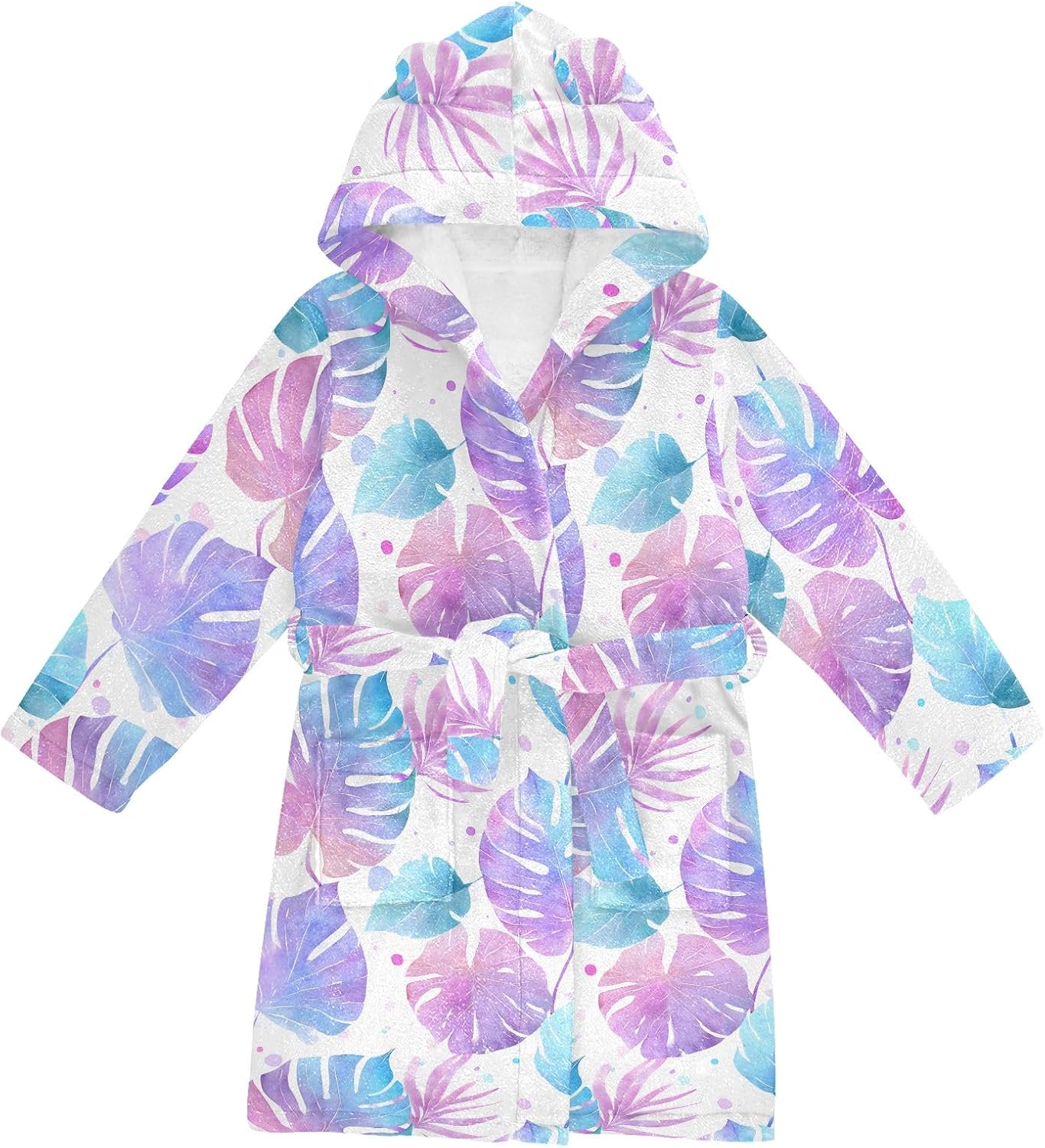 Watercolor Purple Tropical Leaves Toddler Hooded Bathrobe for Boys Girls Soft Plush Bath Towel Robe 2-12 Years