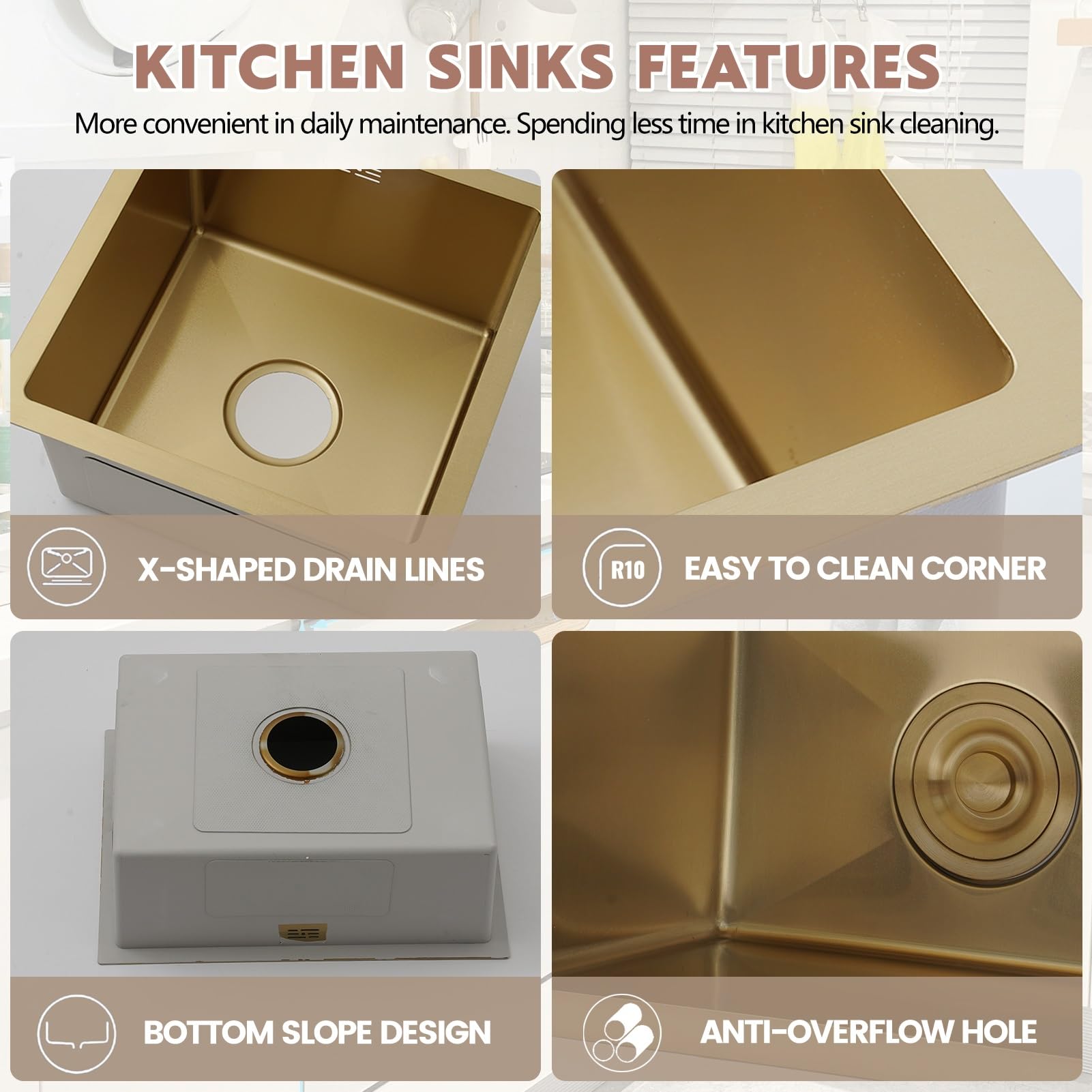 Lavello da Incasso Quadrato in Acciaio Inox, Vasca Singola, lavello Compatto per Piccole cucine, salvaspazio, Superficie con Rivestimento Nano con Kit di Scarico (Oro, 75x45 cm)