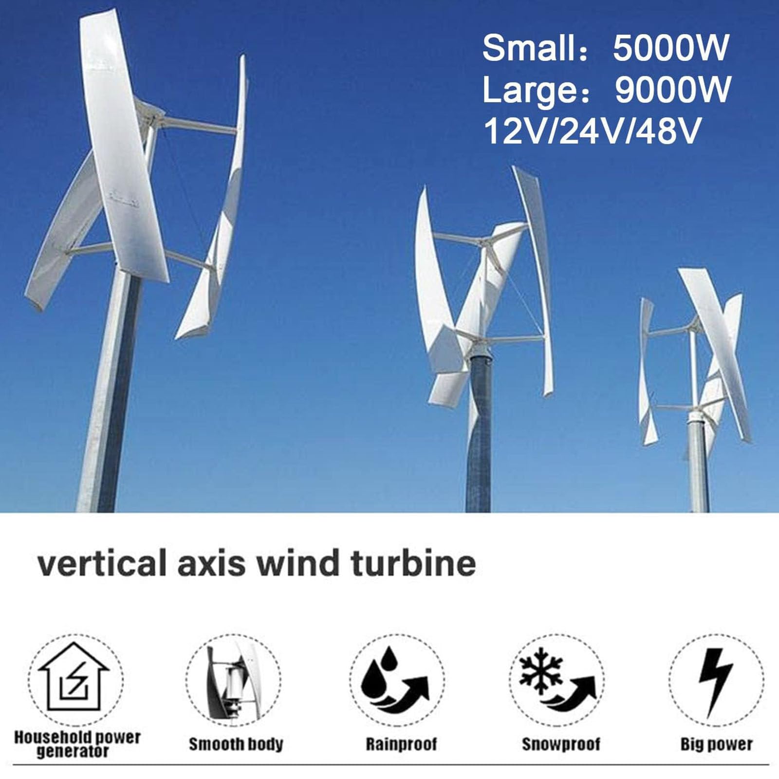 PixCy Generatore Eolico Ad ASSE Verticale Generatore Eolico Kit Completo 5kw/9kw Turbina Eolica Altro Generatore Eolico Energia Rinnovabile,per Terrazza Marine Camper Chalet Barca,9000W-48V