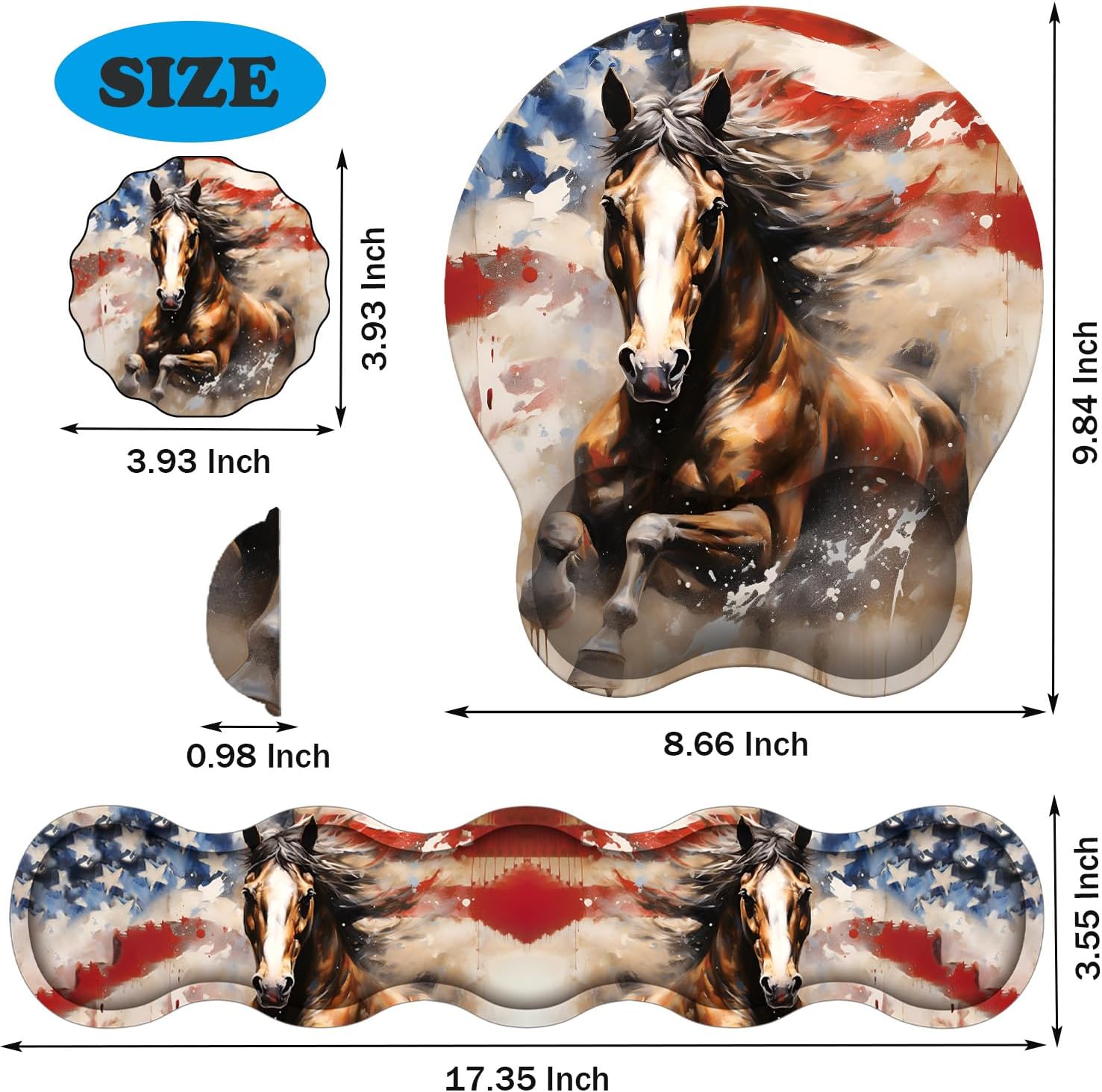 Ergonomic Keyboard Wrist Support Pad and Wrist Support Mouse Pad, Anti-Slip with Gel Memory Mouse Pad Set, Suitable for Office Use/Home Use - American Flag and Horse