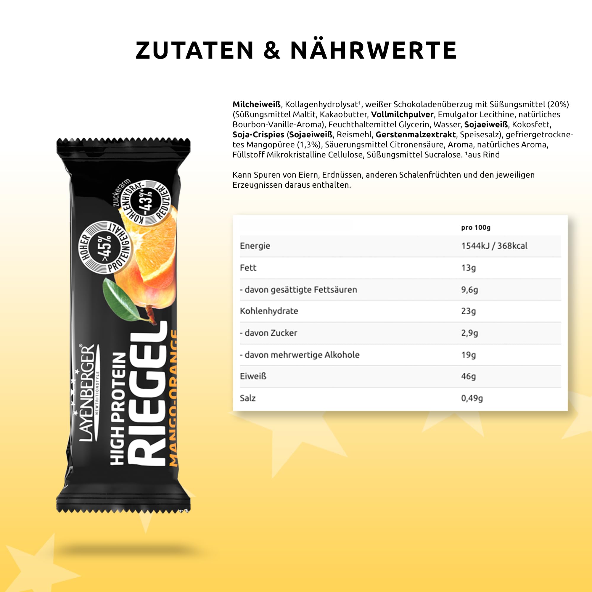 Layenberger High Protein Riegel - Fitness Power Bar, viel Eiweiß, wenig Zucker - 18er Pack (18 x 35 g) - Mango-Orange
