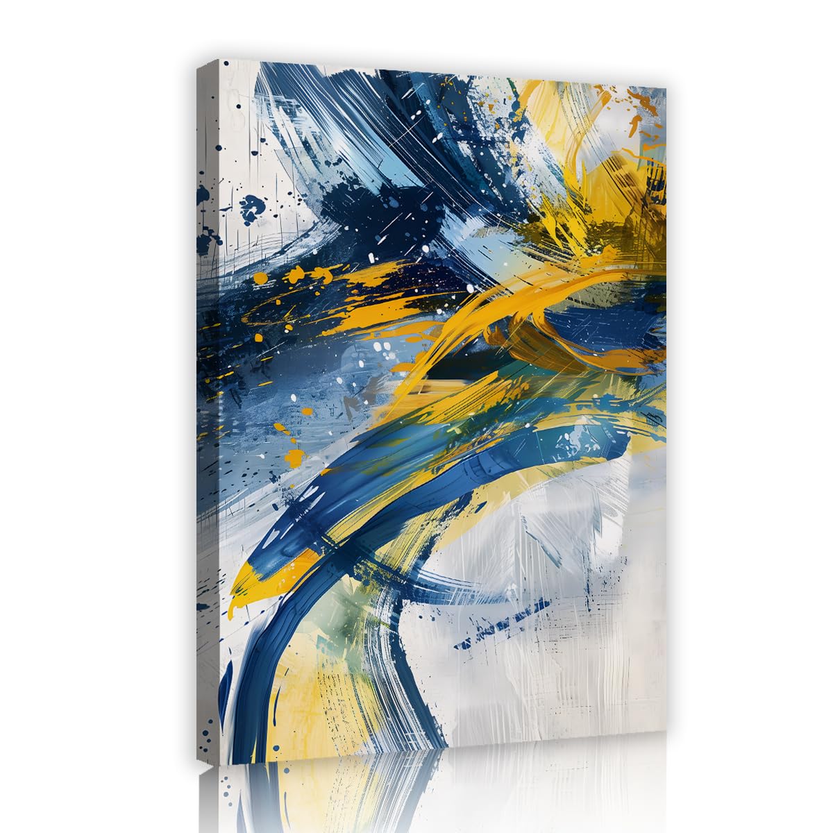 Via Vela Navy Blue and Yellow Abstract Canvas Wall Art, Modern Mustard Teal Splatter Print, Large Framed Contemporary Brush Stroke Pictures for Living Room Decor, Ready to Hang 70x110cm
