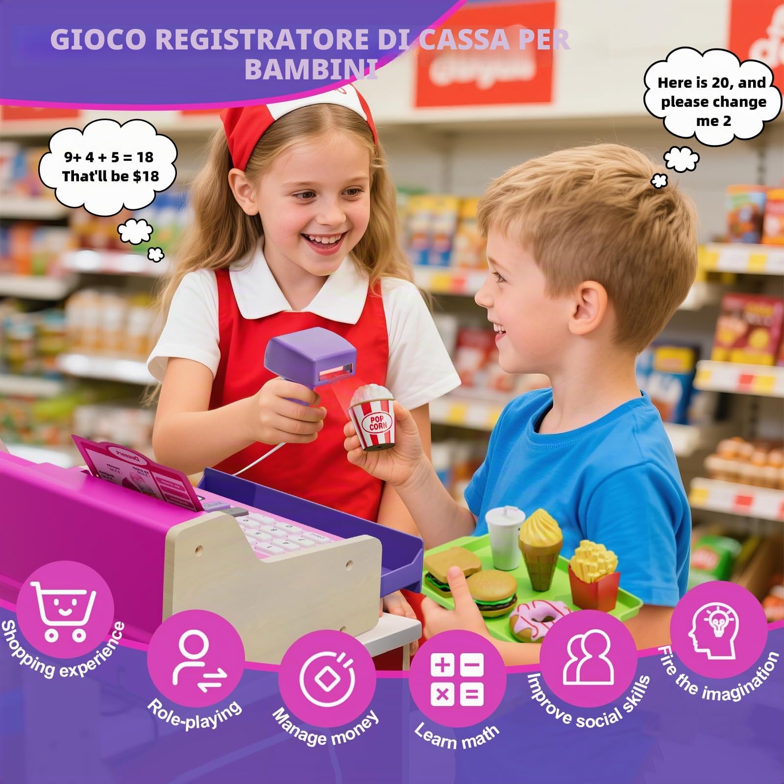 HYES Registratore di Cassa Giocattolo in Legno per Bambini con Scanner, Calcolatrice Reale, Giocattoli Soldi / Monete / Carta di Credito / Cesto Della Spesa, Giochi Regalo per Ragazzi Ragazze, Rosa