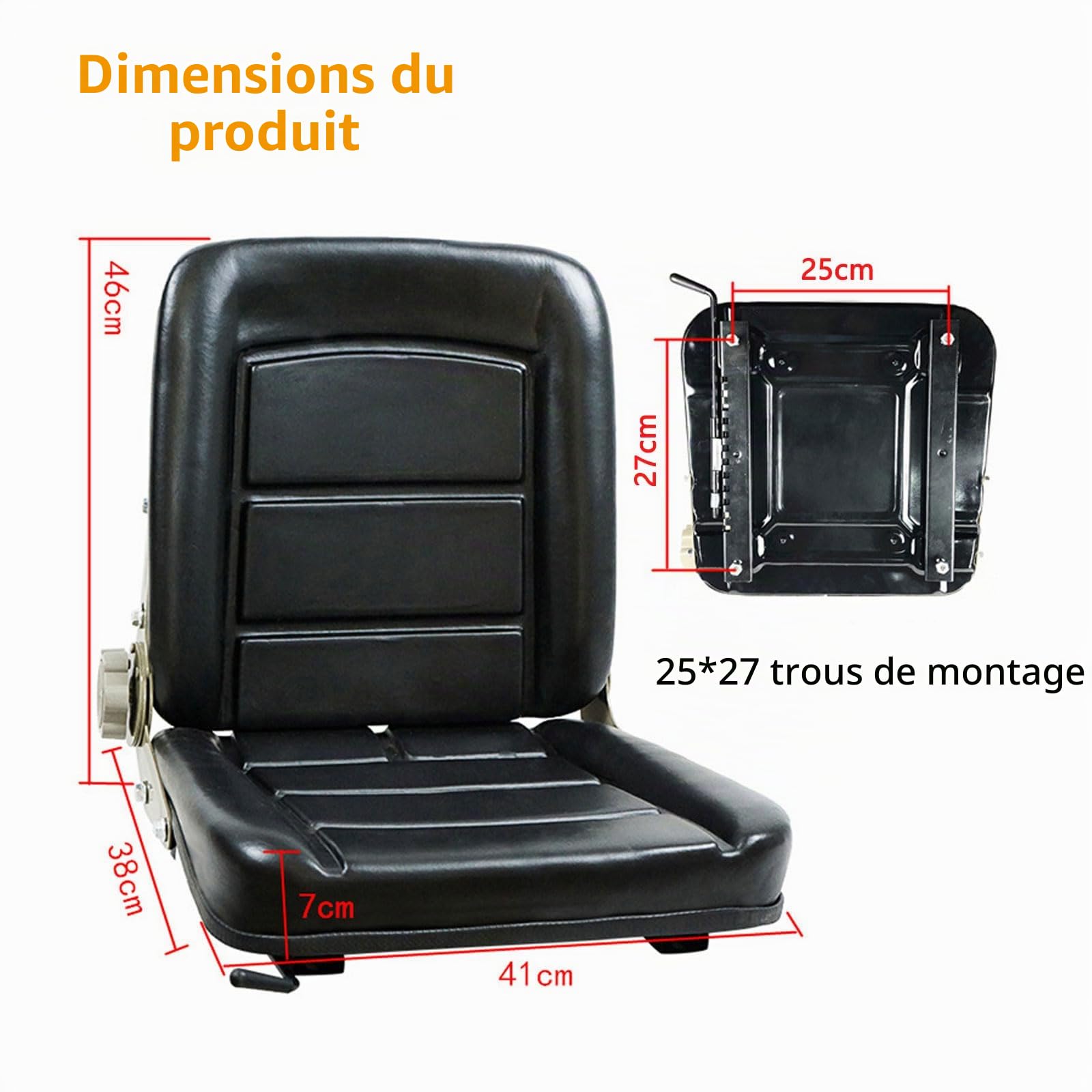 Siège de tracteur universel, Siège de chariot élévateur, 41x38x46cm, réglable 45°-160°, avec rail coulissant, fixation universelle 25x27cm, structure renforcée heavy-duty