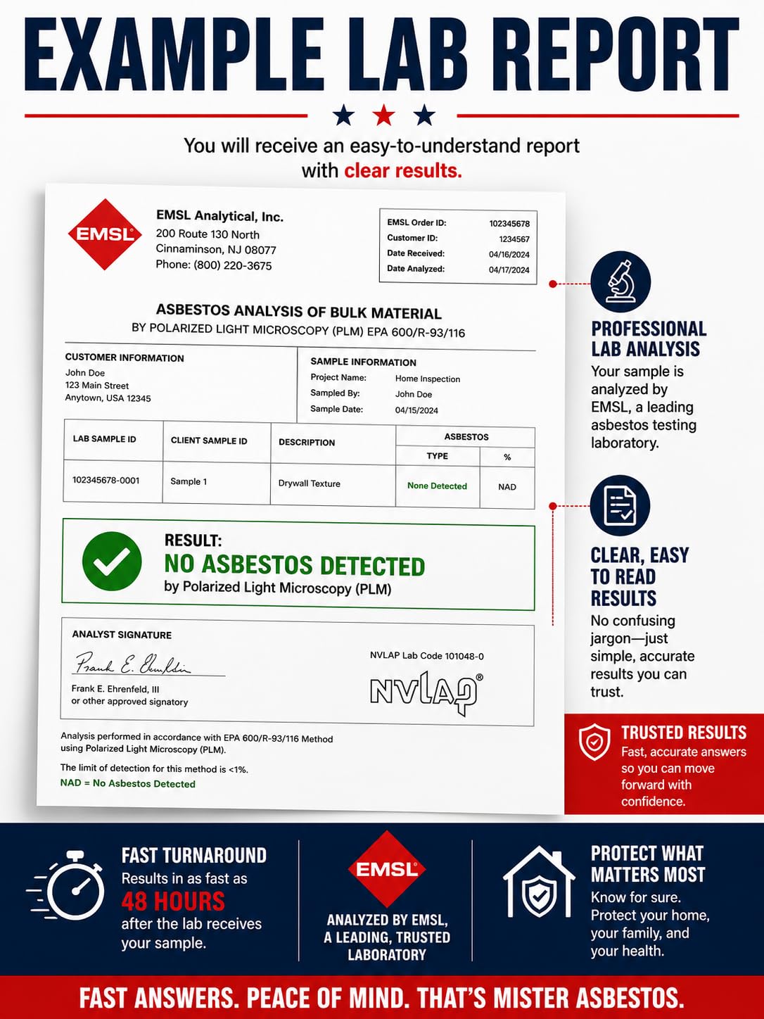 Testing Kit, 1 Sample Included, EMSL Laboratory Analysis, 48 Hour Results | 48 Hour Results After Lab Receipt