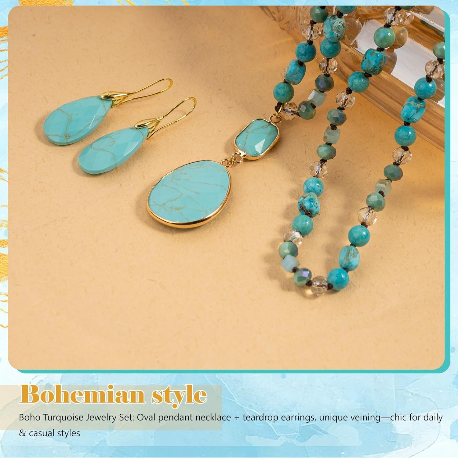 2 Pcs Boho Lapis Lazuli Jewelry Set for Women - Handmade Natural Stone Beaded Long Necklace with Oval Lapis Lazuli Pendant & Trapezoid Lapis Lazuli Earrings | Vintage Elegance | Ideal Gift for Her - Image 6