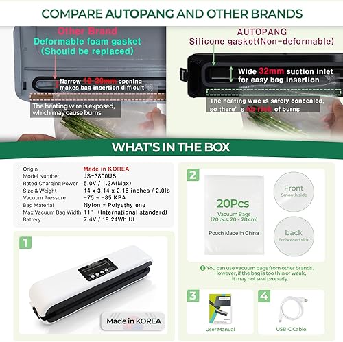 Miniatura 5 de Máquina automática de sellado al vacío manos libres, tapa automática recargable inalámbrica, apertura y cierre, control manual de pulsos, alta