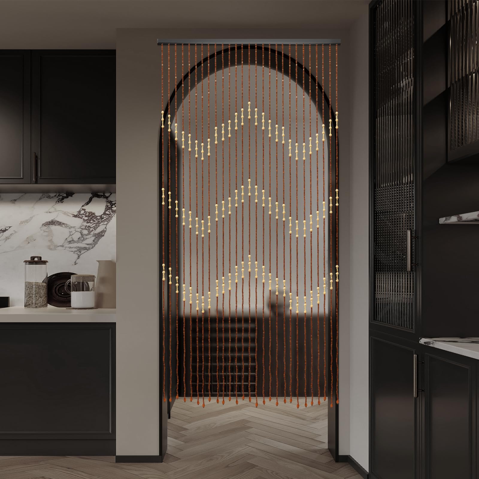 Rideau de perles en bois 90 x 175 cm - Rideau de porte - 27 brins - Rideau de perles en bois - Rideau de porte design perles en bois - Rideau de porte - Séparateur de pièce ou décoration de porte