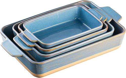 Miniatura 11 de Cacerola para horno, platos para hornear, juegos de 4 utensilios de cerámica para hornear, juego de 4 sartenes rectangulares con asas para hornear,