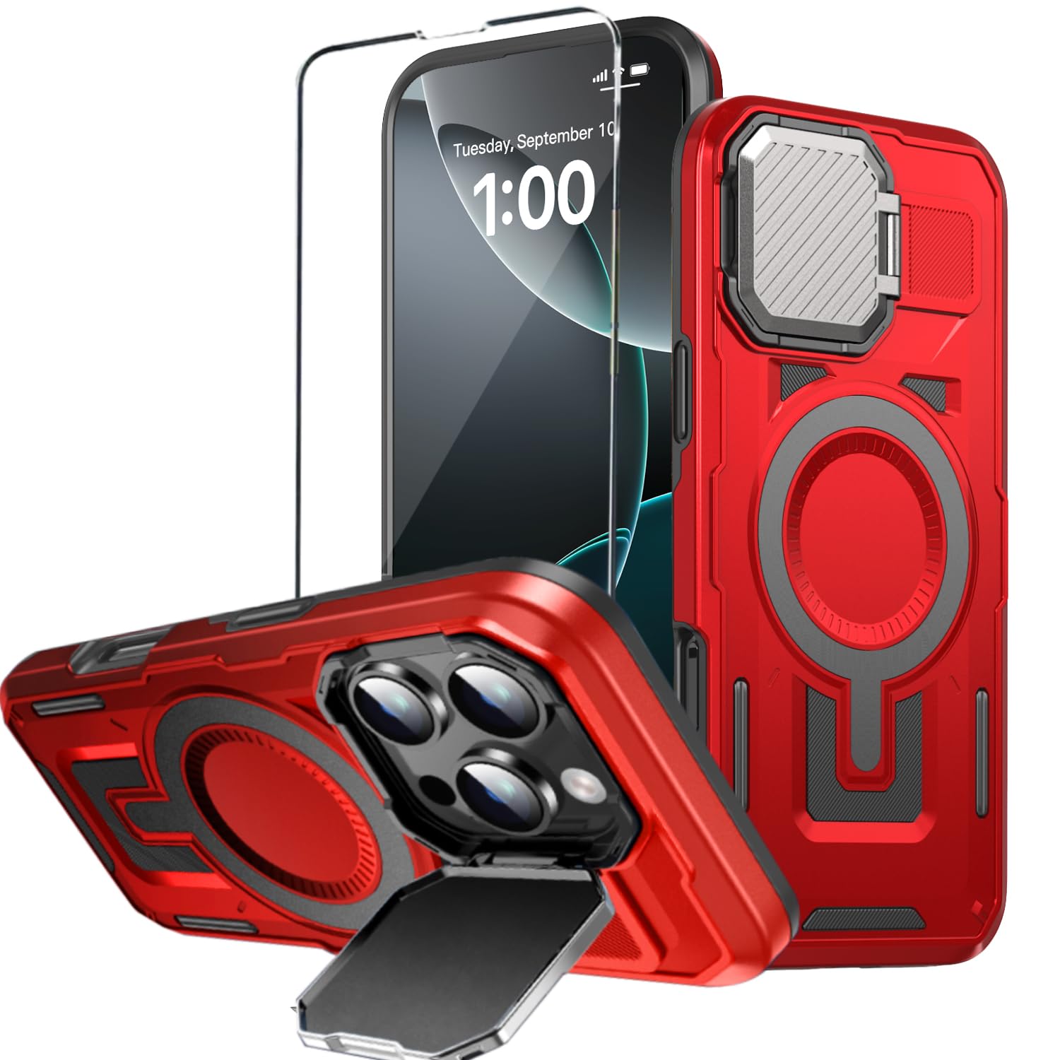 WATEFULL for iPhone 16 Pro MagSafe Case with Adjustable Metal Camera Lens Cover Stand with 1 Screen Protectors,[Military-Grade Protection] Rugged