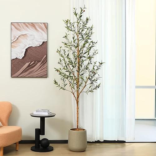 Miniatura 7 de Oakred - Árbol de olivo artificial de 7 pies de alto, plantas de seda falsas con tronco de madera natural, árbol en maceta falsa para decoración del