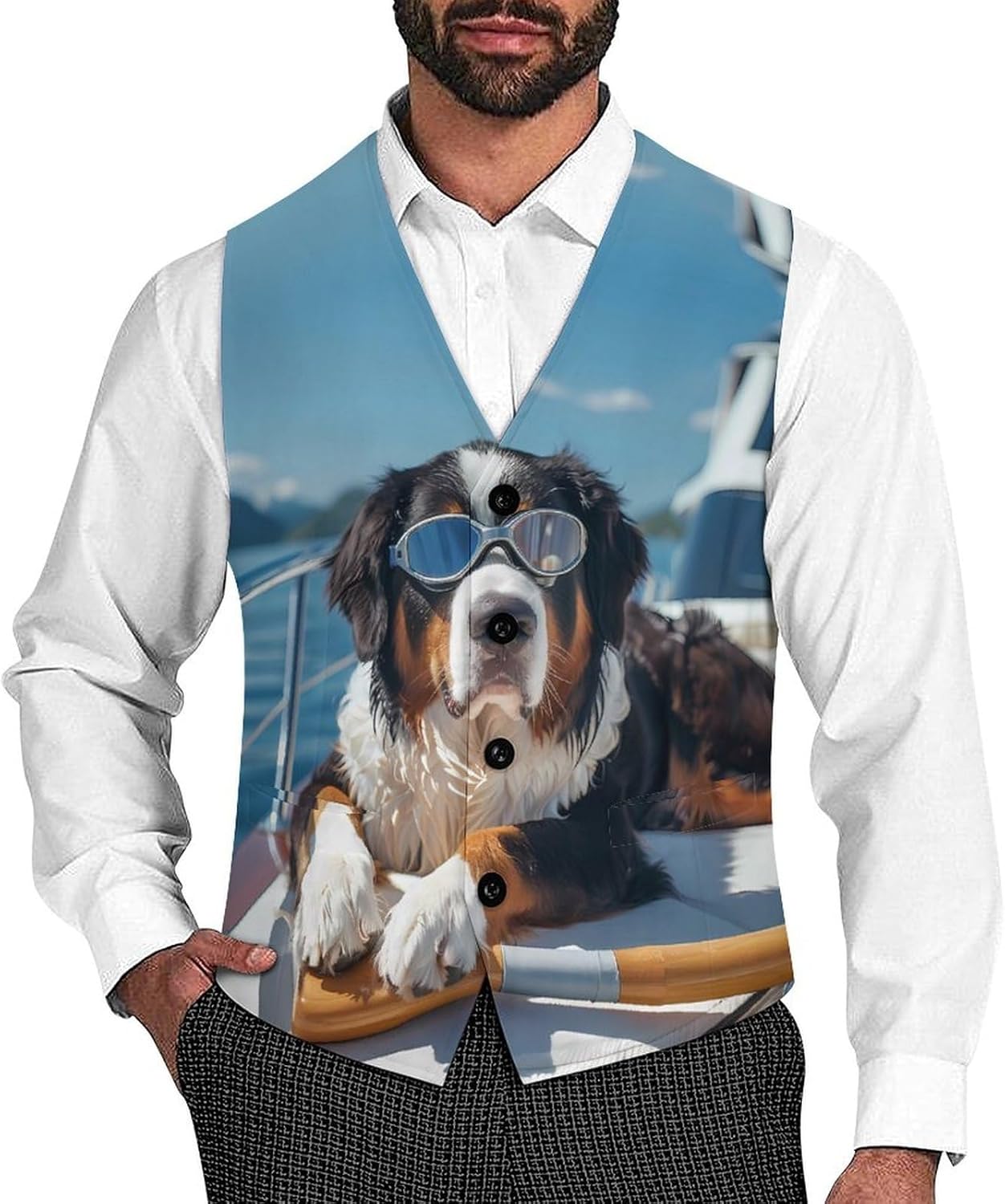 Swiss Mountain Dog Ocean Boat Time Mens Suit Vests V-Neck Casual Vest Dress Formal Tuxedo Wedding Waistcoat