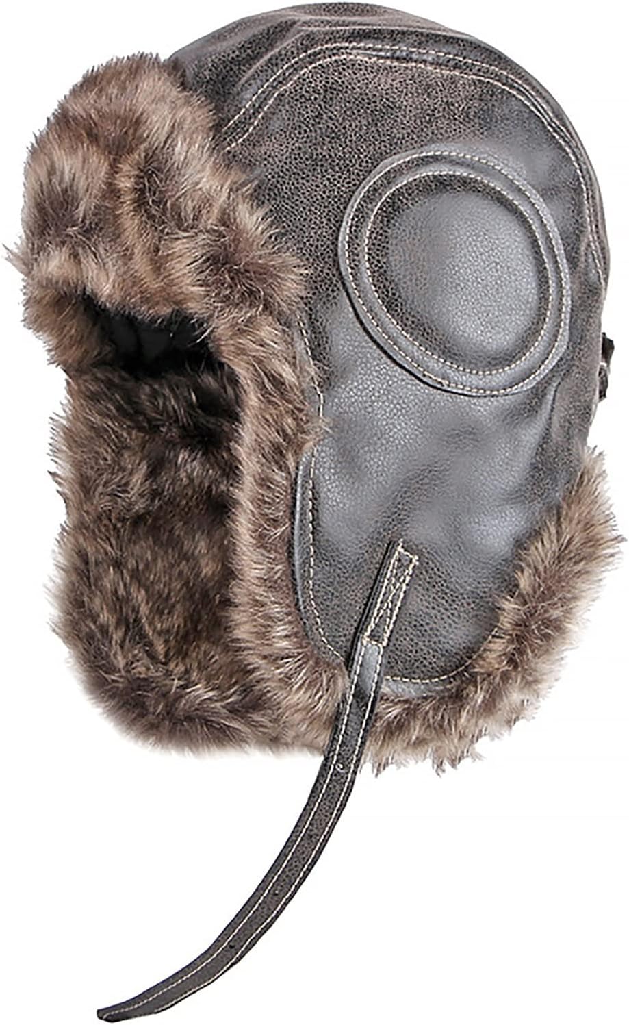 Bomber Hat Mens Trapper Trooper Cap Artificial Leather Aviator Bomber Hat with Chin Strap Winter