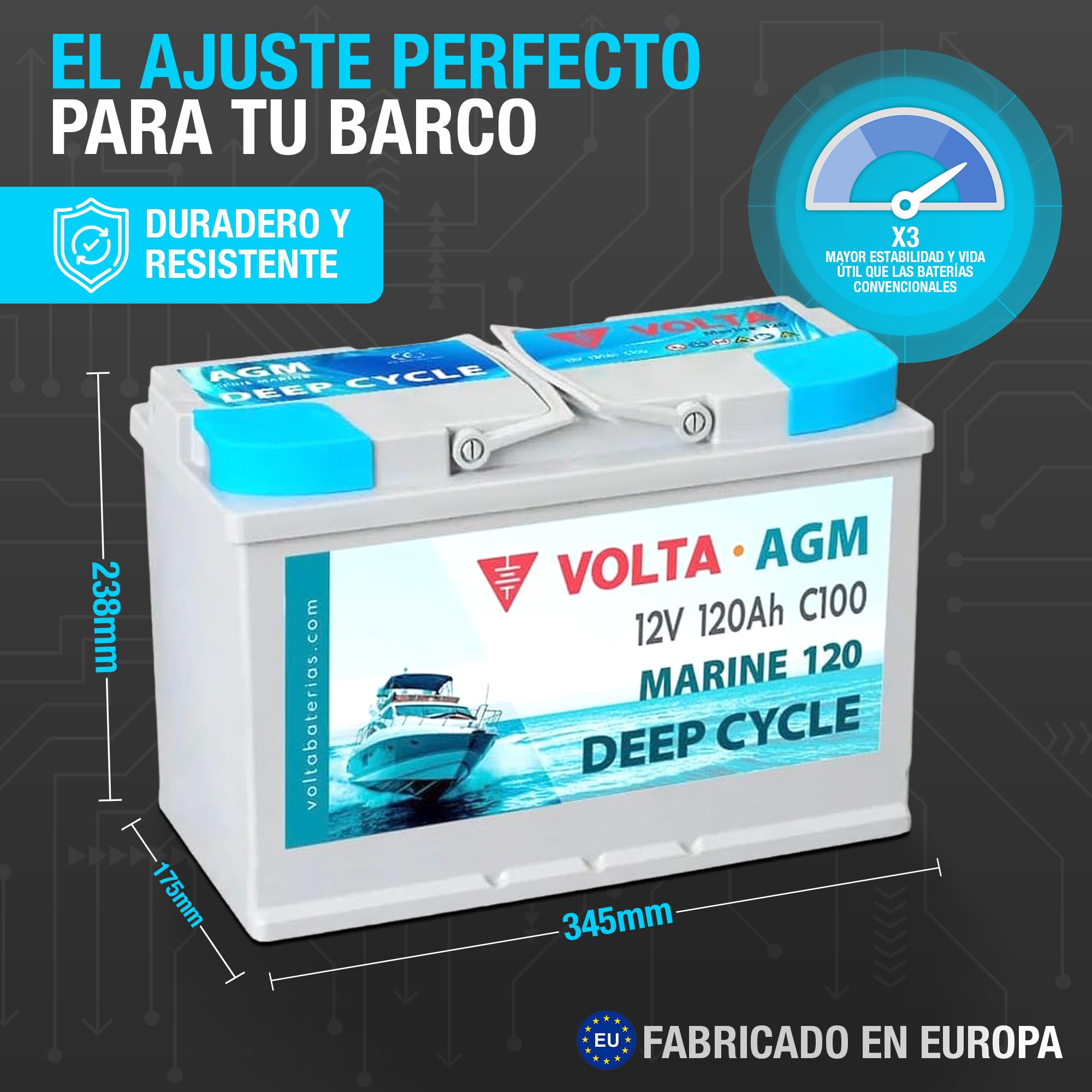Batería de Barco Volta Marine 120, AGM 12V 120Ah, Especial Embarcaciones, Batería Barco 12v (AGM Deep Cycle) Gran Vida Útil, 345x175x238 mm, Fabricación Europea, Bateria Solar de Ciclo Profundo