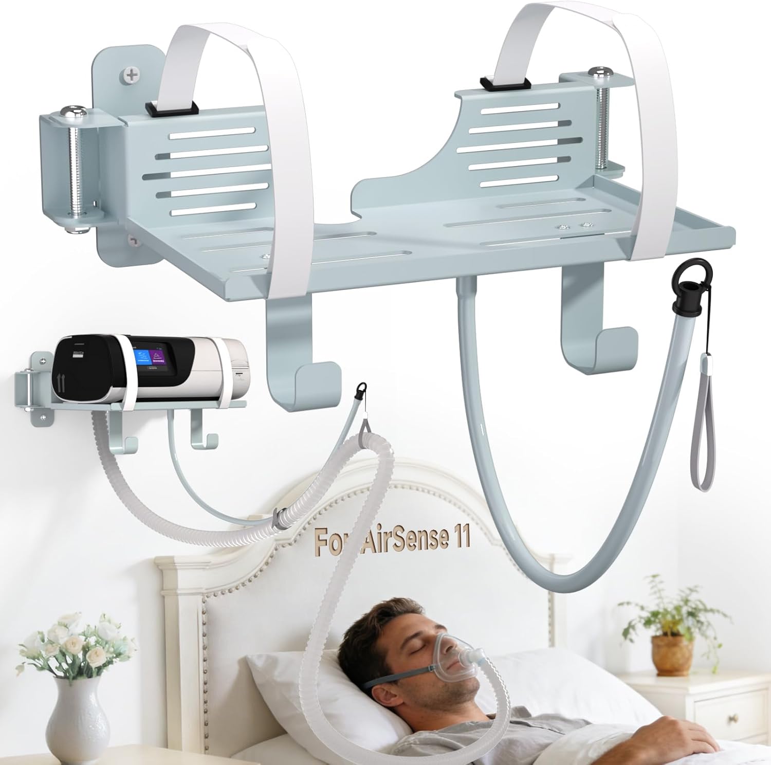 Godboat CPAP Wall Mount Shelf for Resmed Airsense 11 Machine - 180° Swivel CPAP Hose Holder, 90° Rotating Hanger with 2 Hooks for Tube Organizer Mask Stand [Tangle-Free], Bedside Bed Room Decor/Silver