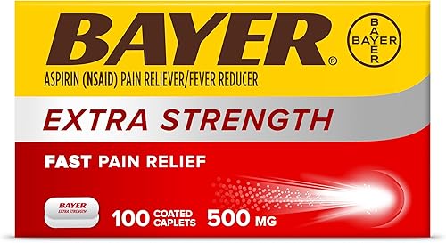 Bayer Extra Strength Aspirin - Tabletas recubiertas de 500 mg alivio del dolor y reductor de fiebre 100 unidades el embalaje puede variar